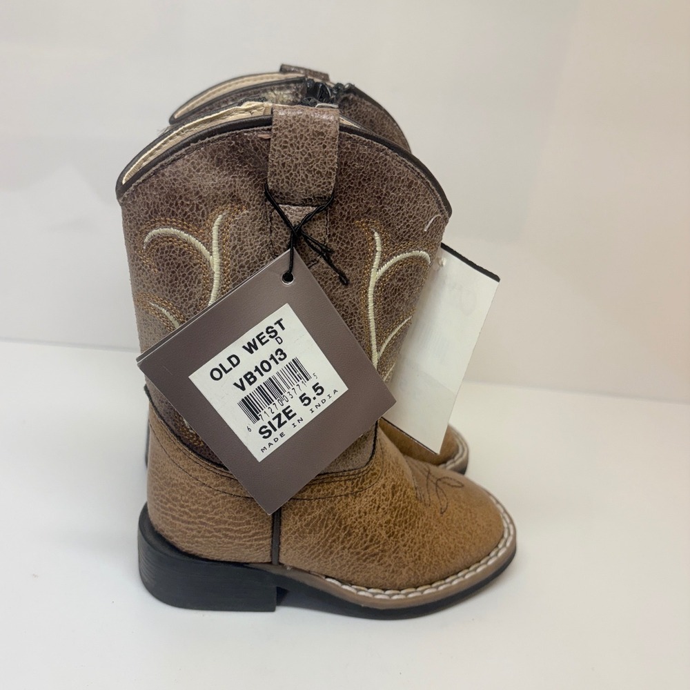 Old West Toddler 5.5D Boys Tan Brown Faux Leather Square Toe Cowboy Boots